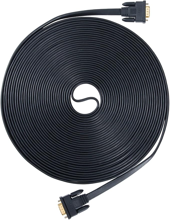 DTech 25ft Ultra Thin Flat Type Computer Monitor VGA Cable Standard 15 Pin Male to Male Connector SVGA Wire 25 Feet - Black