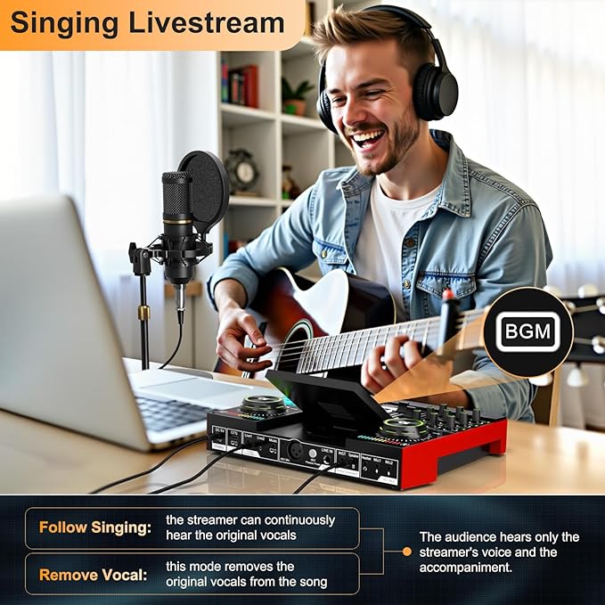 Podcast Microphone Bundle with Live Sound Card Audio Mixer, Podcast Equipment Bundle with 3.5mm BM800 Microphone for Pc/Youtube Live Streaming Singing Gaming, Sound Board with Voice Changer, Denoise