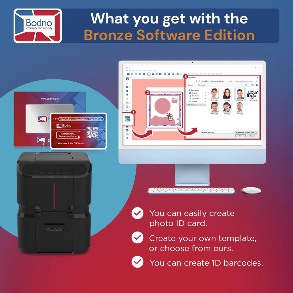 Bodno Matica MC320 Direct-to-Card Dual Sided ID Card Printer & Complete Supplies Package Bronze Edition ID Software