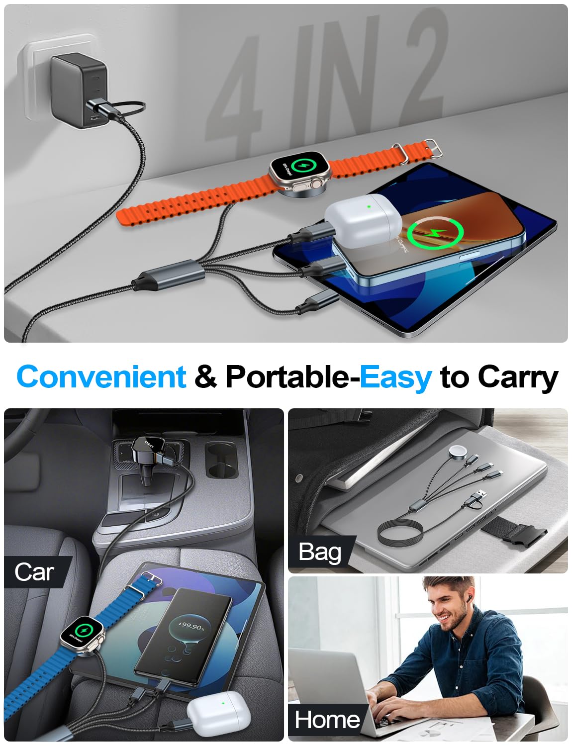Travel Essentials,2 Pack Multi Charging Cable for Apple Watch Charger/iPhone/Samsung Charger,Type C/Lightning/iWatch/Micro Charging Cable for iWatch Ultra/10-2/iPhone/Galaxy/Airpods[1.2M]