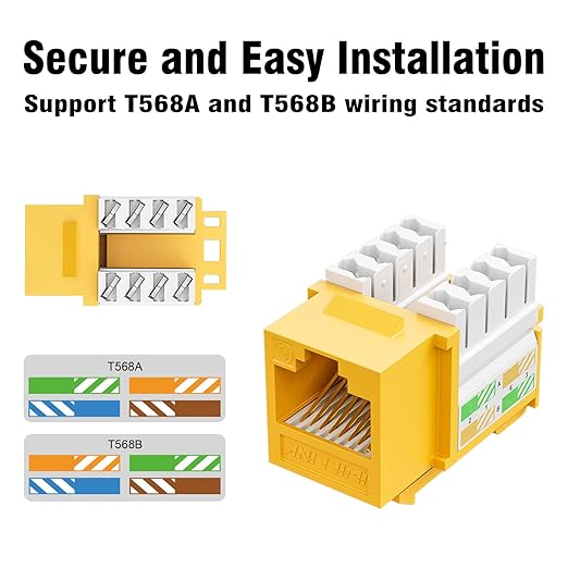 iwillink 10Gbps Cat6 Keystone Jack and Punch-Down Stand, 50-Pack, RJ45 Ethernet Keystone Jacks, 90-Degree UTP Modular Punch Down Keystone Jack Adapter, Yellow