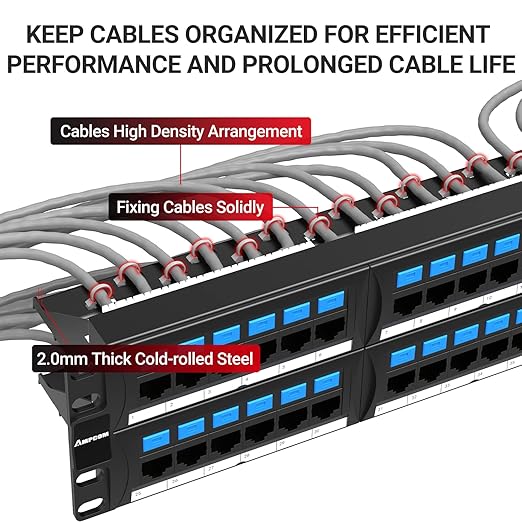 AMPCOM CAT6 48 Ports Patch Panel, Rack Mount - 2U, 19 inch, RJ45 Ethernet 568A 568B, 50u Gold Plated, with Rear Cable Management Bar