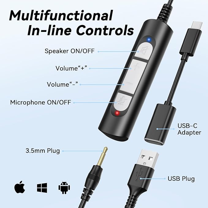 Wantek USB Headset with Microphone for PC,Laptop,Computer Headset with Noise Cancelling & Audio Controls,Wired Headset for Call Center,Work,Ofiice,Zoom,Binaural