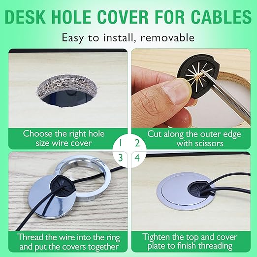 2 Pcs Desk Grommet 2" / 50 mm, Desk Cord Hole Cover, Cable Grommet Metal Zinc Alloy Materilal, Desk Hole Grommet for Home & Office Pc, Detachable Cable Cord Organizer-Bright Silver