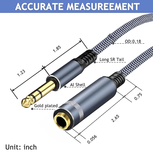 1/4" Male to Female Stereo Headphone Extension Cable - 15ft, Quarter Inch Guitar Cable