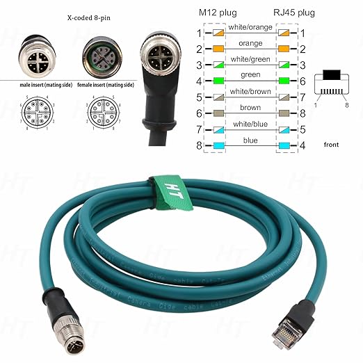 M12 Ethernet 8 Pin X Coded RJ45 CAT7e GigE Cable for Basler Cognex Keyence Datalogic Microscan Sick Camera Sensor High Speed Network Switch 2 Meter