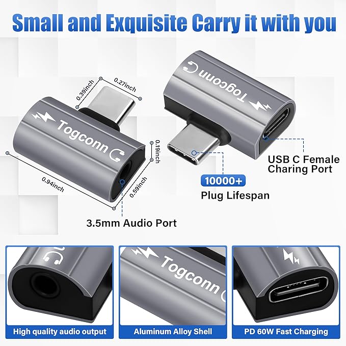 USB C to 3.5mm Aux Headphone and Charger Adapter Splitter, 2 in 1 USB Type C Male to Aux Audio Jack with PD 60W Fast Charge Port for iPhone 15 Pro Max, Galaxy S24/23 Ultra, iPad Pro, Pixel 8