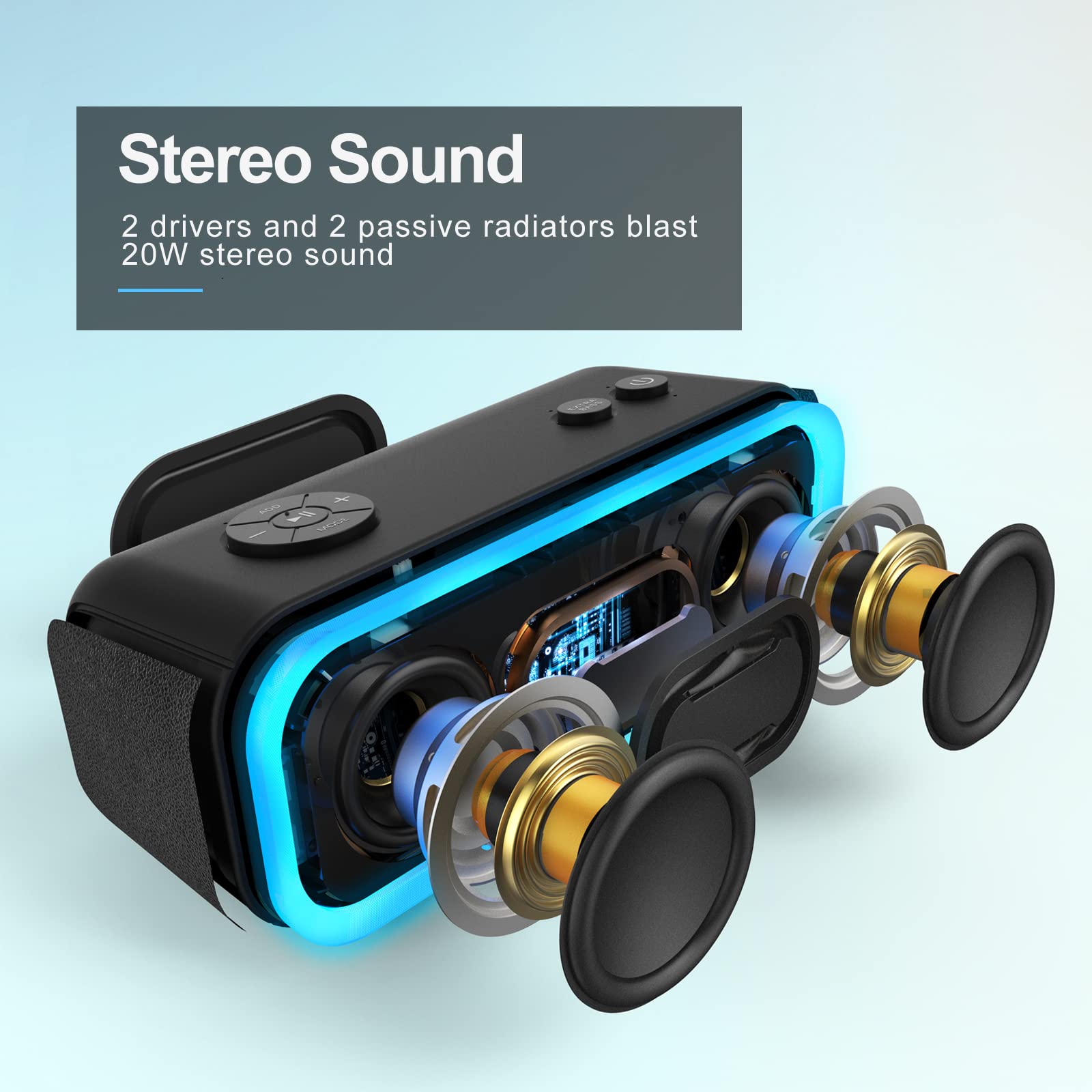 DOSS SoundBox Pro Bluetooth Speaker, 20W Stereo Sound, Active Extra Bass, 20H Playtime, Multi-Colors Lights, Wireless Stereo Pairing, IPX6 Waterproof for Garden, Hiking, Camping, Beach, Party-Blue