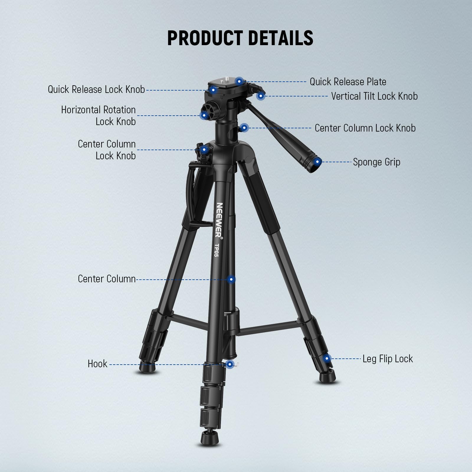 NEEWER Basic 74" Video Tripod Monopod, 3 Way Pan Tilt Head, Remote, Overhead Camera Mount, Horizontal Central Axis, Phone Holder Compatible with iPhone DSLR Telescope Projector, Max Load 17.6lb, TP05