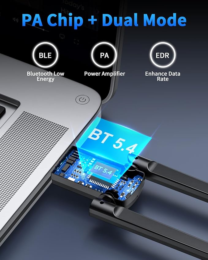 ZEXMTE 5.4 USB Bluetooth Adapter for PC, Plug & Play Bluetooth Transmitter & Reciver, EDR & BLE, High Gain Antenna, 590FT / 180M Long Range for PC Windows 11/10/8
