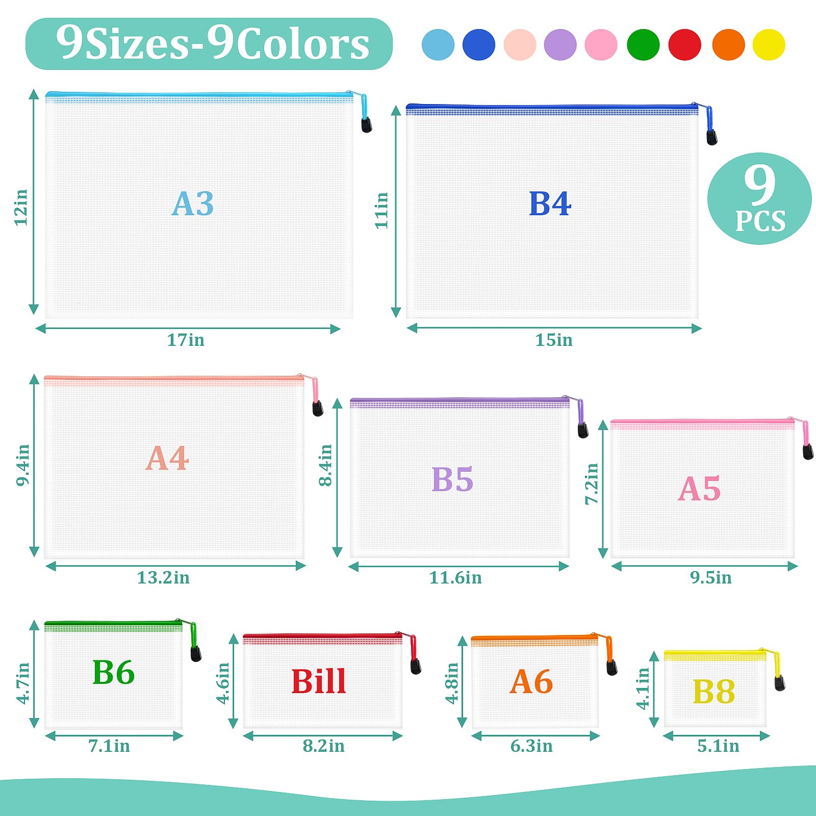 VVCOIIROEI 9pcs Mesh Zipper Pouch Bags, 9 Sizes Zipper Pouch, Mesh Bags with Zipper, Plastic Zipper Pouches, 9 Colors Zipper Pouches for Organizing, Board Game Storage, Travel, School Office Organize