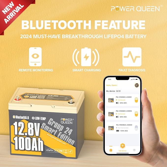 Power Queen Bluetooth 12V 100Ah LiFePO4 Battery with 14.6V40A LiFePO4 Battery Charger, Group 24 Deep Cycle Battery, 100A BMS with Low-Temp Cut-Off Protection for RV, Trolling Motors, Solar System