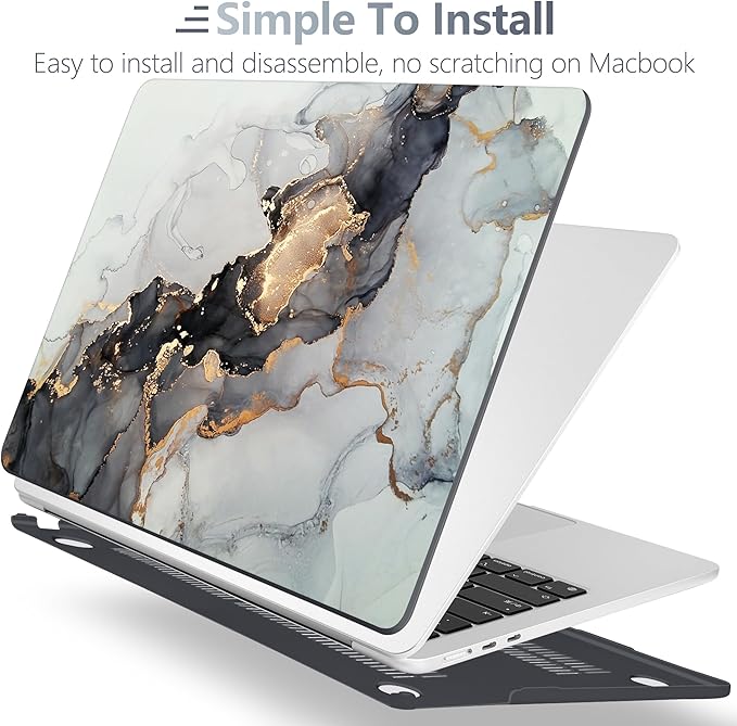 Batianda Premium Case for New MacBook Air 15 inch 2025 M4 2024 2023 with M3 M2 Chip Model A3114 A2941, Designed Protective Plastic Hardshell & Keyboard Cover & Screen Protector, Gold Fluid Art