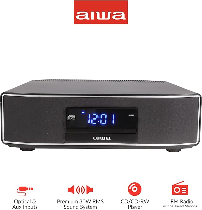 AIWA Exos Home Speaker, Premium 30W RMS Sound System with CD Player, Bluetooth Connectivity, FM Radio, Optical Digital Input, Dual 1” Tweeters + Dual 2” Bass Units, IR Remote Control