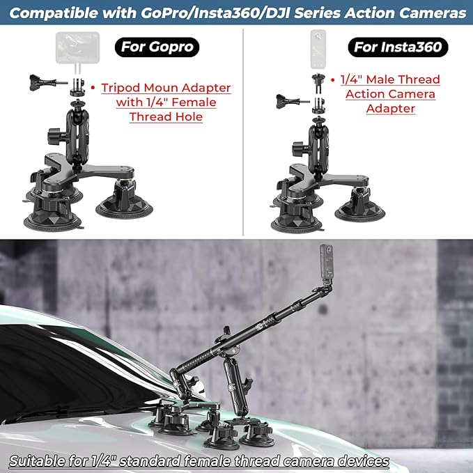 Suction Cup Car Mount - Aluminum Alloy Extendable Selfie Stick, Five 3.5" Large Suction Cup Car Windshield Camera Mount with Tripod Adapter Compatible with GoPro Insta360 DJI Action Cameras