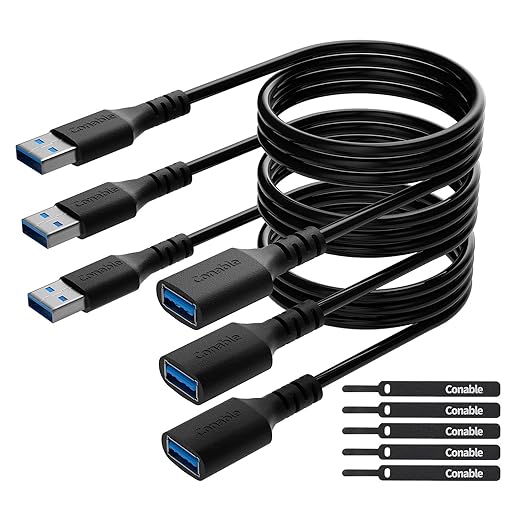 3 Pack USB 3.0 Extension Cable 8 Feet, USB A Male to Female Extender Cord, 5Gbps Data Transfer for Webcam, Printer, Keyboard, Mouse, Flash Drive, Hard Drive, Controller, Black Cable with 5 Cable Ties