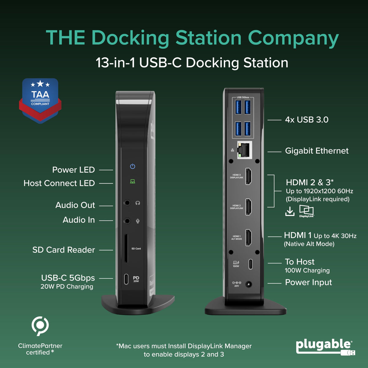 Plugable USB-C Triple Monitor Docking Station: 13-in-1 Laptop Dock with 100W Charging for Mac (DisplayLink Driver Required), Windows, Chrome, 3 HDMI, Gigabit Ethernet, SD, USB-C 20W, 4 USB - UD-ULTCDL