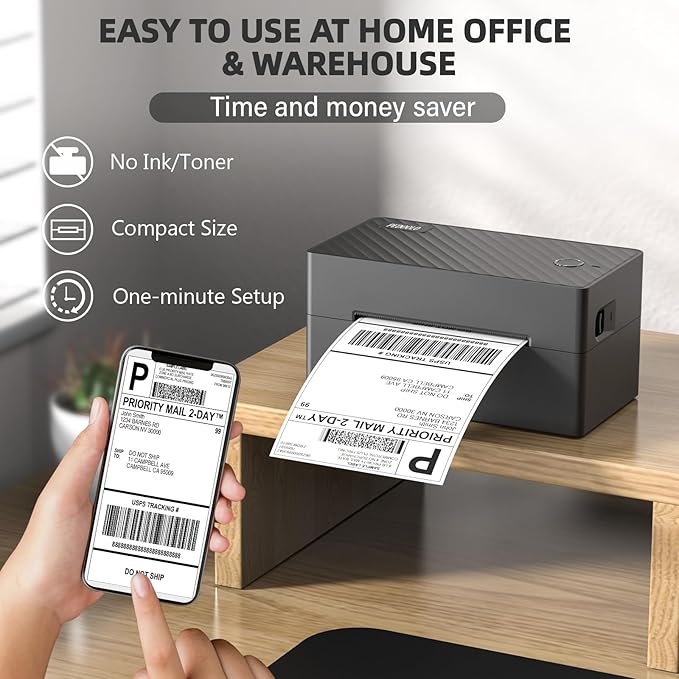 Label Printer, 4x6 Shipping Label Thermal Printer for Packages, Bluetooth Conection and Compatible with Android. iPhone.Windows, Mac, Chromebook, Amazon, Ebay, UPS.USPS, FedEx, Shopify