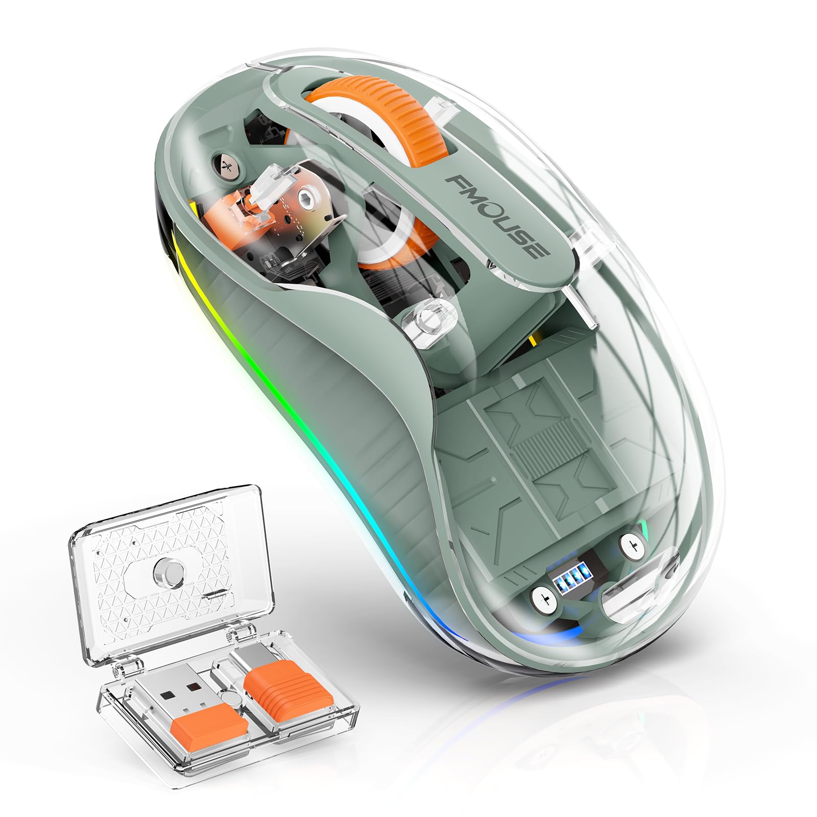 Bluetooth Wireless Mouse, Transparent RGB Tri-Modes Mouse,Bluetooth & 2.4GHz for Multi Device, USB-C Receiver Ideal for MacBook/Laptops, Rechargeable, Silent, Portable, Cool LED, Ergonomic - Green