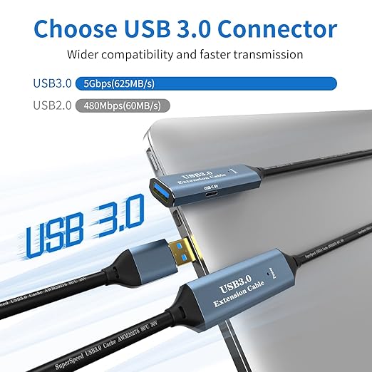 USB 3.0 Extension Cable 50FT Type A Male to Female Active Extender Cord with 2 Extension Chipsets Signal Booster and 1 USB-C Charging Port, for Webcam, USB Hub, PlayStation, Printer, Camera
