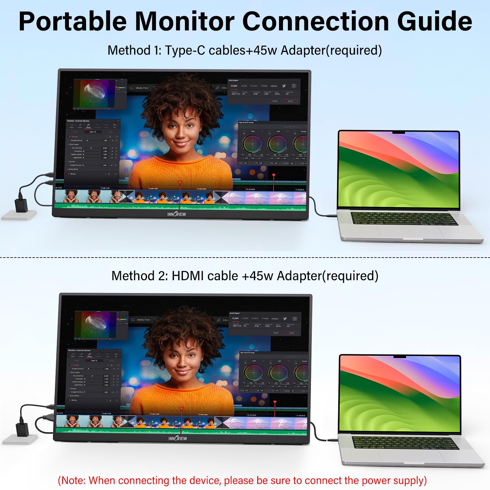 Innoview 23.8” 4K Large Portable Monitor, UHD (3840*2160) 100%sRGB IPS Speakers USB-C HDMI Work Home Second Monitor W/180°Adjustable Stand for Laptop, Desktop, Macbook, Phones, Tablet, PS5/4, Switch