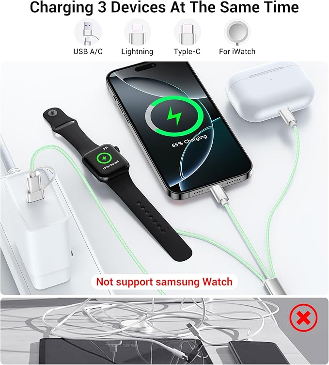 Temdan for Travel Vacation Essentials,3 in 2 USB C Cable for Apple Watch Charger/iPhone 16 Charger/Lightning,Multi Charging Cable Cord,Camping Essentials,Designed for iWatch &iPhone 16-12-5FT Green