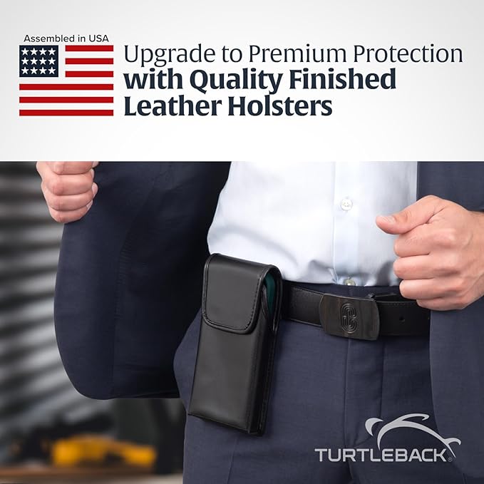 Turtleback Belt Holder for iPhone 16 Pro, 16e, 15 Pro 14 Pro 13 Pro -Small- Fits w/Slim MagSafe Style Cases, Premium Black Leather Vertical Belt Holster Magnetic Closure Leather Wrapped Belt Clip