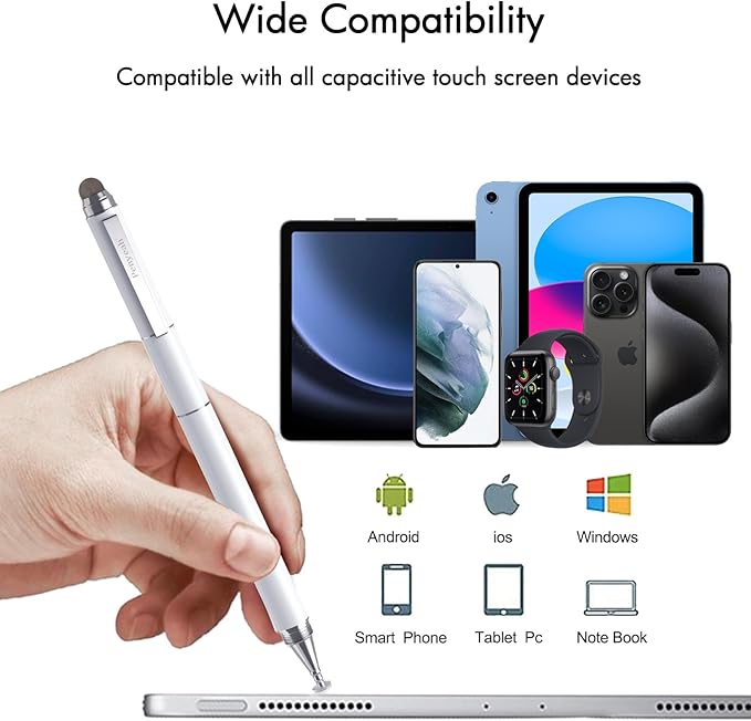 Stylus Pen for Touchscreen - Versatile 4 in 1 High Sensitivity and Precision Tablet Stylus Pen, Universal for iPad,iPhone,Samsung,Android All Capacitive Touch Screens-White