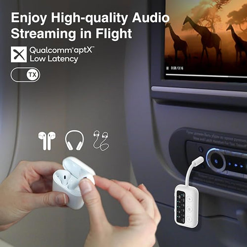1Mii SafeFly Dot-Bluetooth 5.3 Transmitter Receiver for up 2 Headphones, AptX Low Latency/HD, Plane Travel Essentials, Wireless Audio Bluetooth Airplane Adapter for Flight, TV, Car, PC (White)