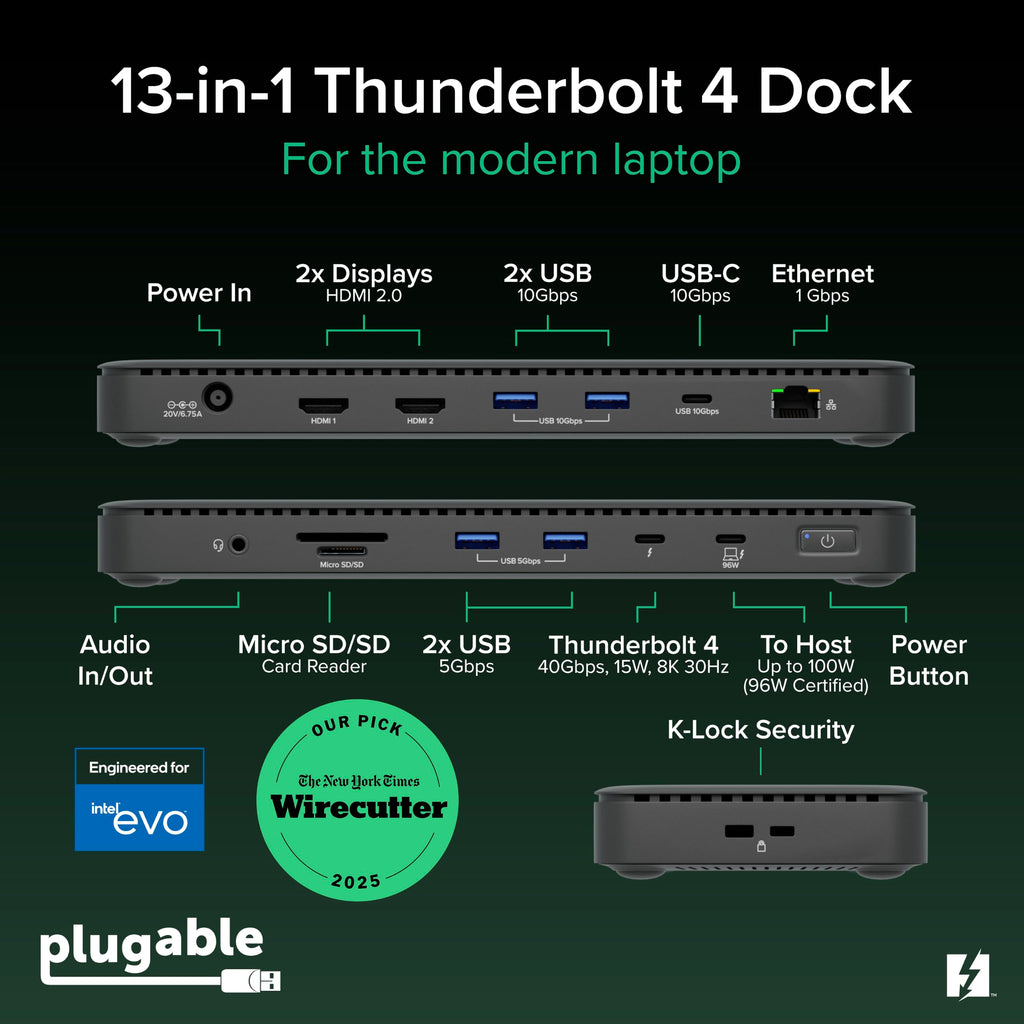 Plugable Thunderbolt 4 Dock, 100W Charging (96W Certified), Dual HDMI Docking Station for Windows and Mac, Single 8K or Dual 4K 60Hz, 40Gbps, 13 Ports with Ethernet, SD/microSD (TBT4-UD5)