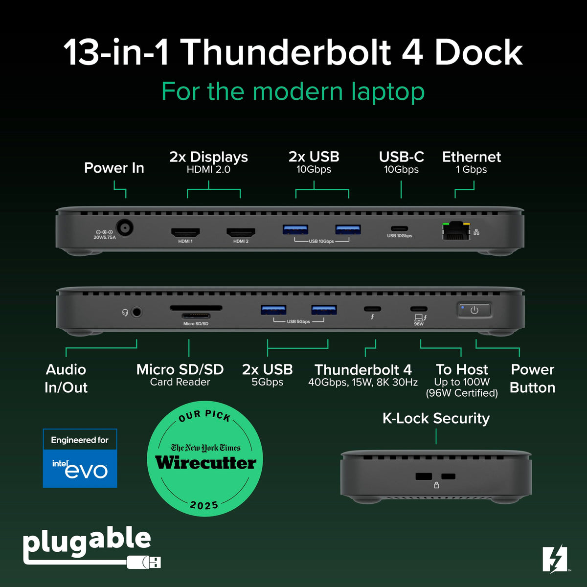 Plugable Thunderbolt 4 Dock, 100W Charging (96W Certified), Dual HDMI Docking Station for Windows and Mac, Single 8K or Dual 4K 60Hz, 40Gbps, 13 Ports with Ethernet, SD/microSD (TBT4-UD5)