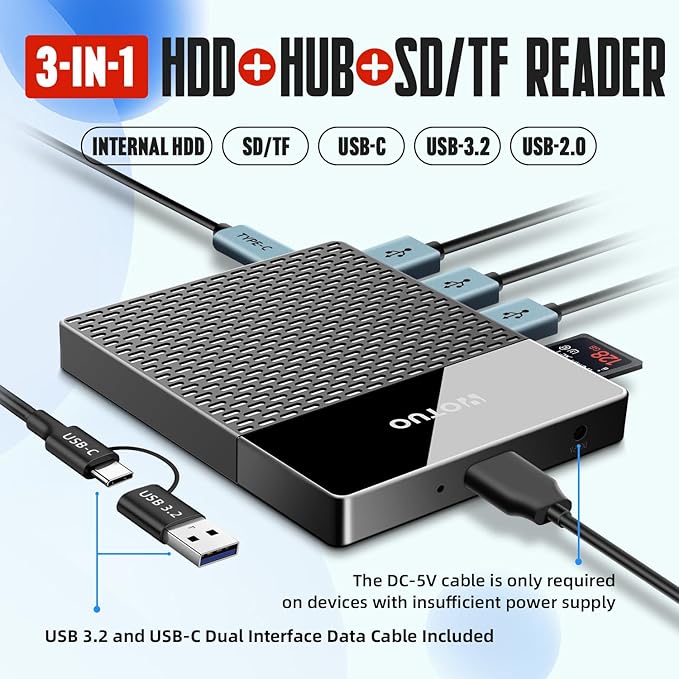 1TB External Hard Drive, USB C Multiport Hub HDD 7-in-1, USB 3.0, SD/TF Card Reader, Docking Station, Multi-Function HDD for Windows, Mac, Android, TV, Phone, Laptop, Desktop, PC