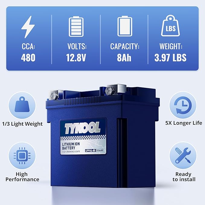 TYKOOL YTX14L-BS 3X Cranking Amps,5X Life, Lithium LiFePO4 Motorcycle Battery,12V 8Ah,480CCA,Digital Readout, Built in BMS,Powersports Battery, Compatible for Harley-Davidson, BRP (Sea-doo) Spark 900