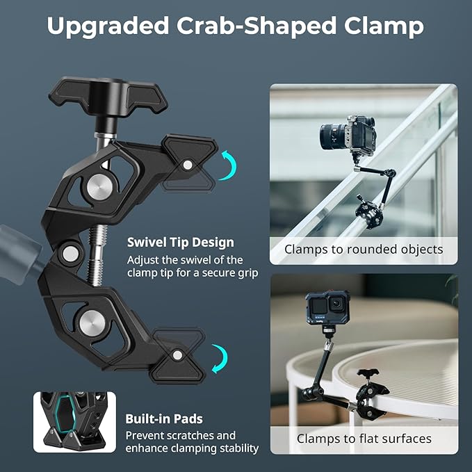 SMALLRIG Magic Arm Crab Claw Clamp, with Anti-Deflection Retractable Pin, 1.5kg Load Capacity for GoPro/for Insta360 / for DJI Action/for DSLR/for Light/for Monitor/for Phone- 5312