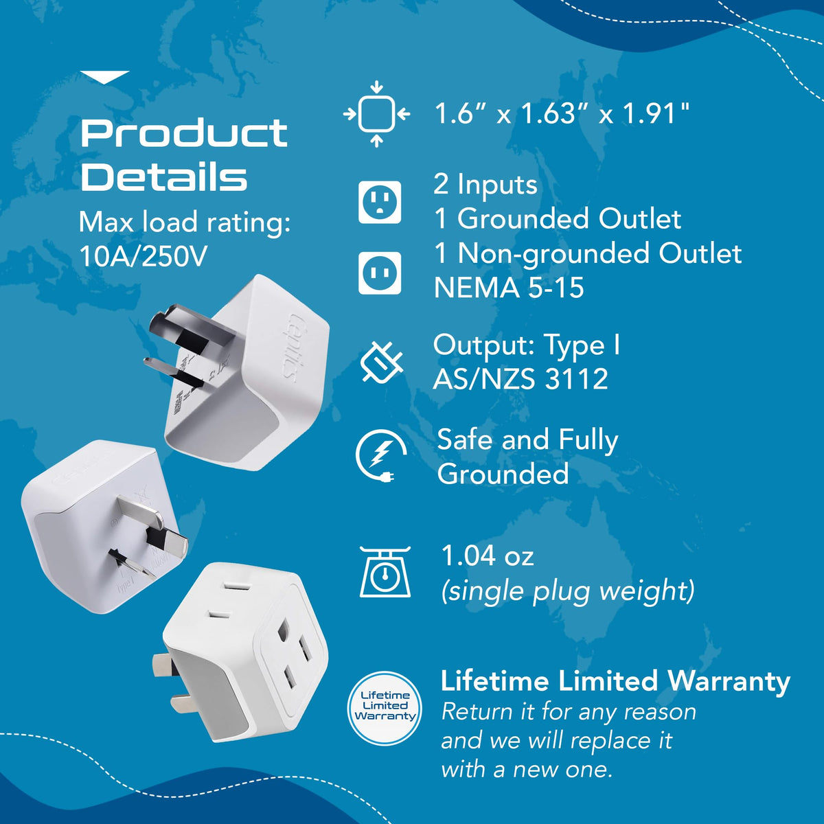 Ceptics Australia Plug Adapter, 2-in-1 Type I, Dual USA Input - 3 Pack