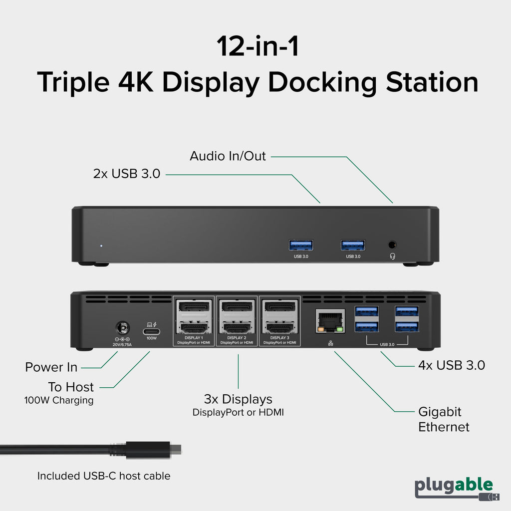 Plugable 12-in-1 USB C Triple 4K Docking Station, Three Displays with 3X HDMI or DisplayPort, Compatible with Mac M1 - M5 & Neo, Windows, Thunderbolt, USB4, USB-C (100W PD, 6X USB Ports, Ethernet)