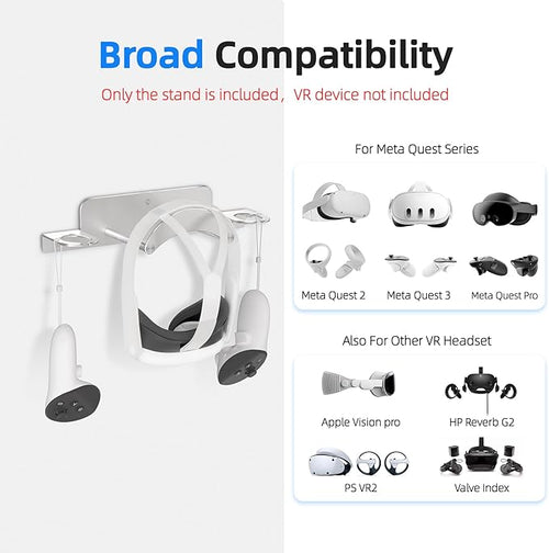 ANSHAWTIY VR Wall Mount Aluminum Alloy,VR Headset Wall Mount Storage Stand Hook Compatible with Meta Quest 3/Quest Pro/Quest 2,Quest 3 Stand with 2 Storage Way,Desk Space Saving(Silver)