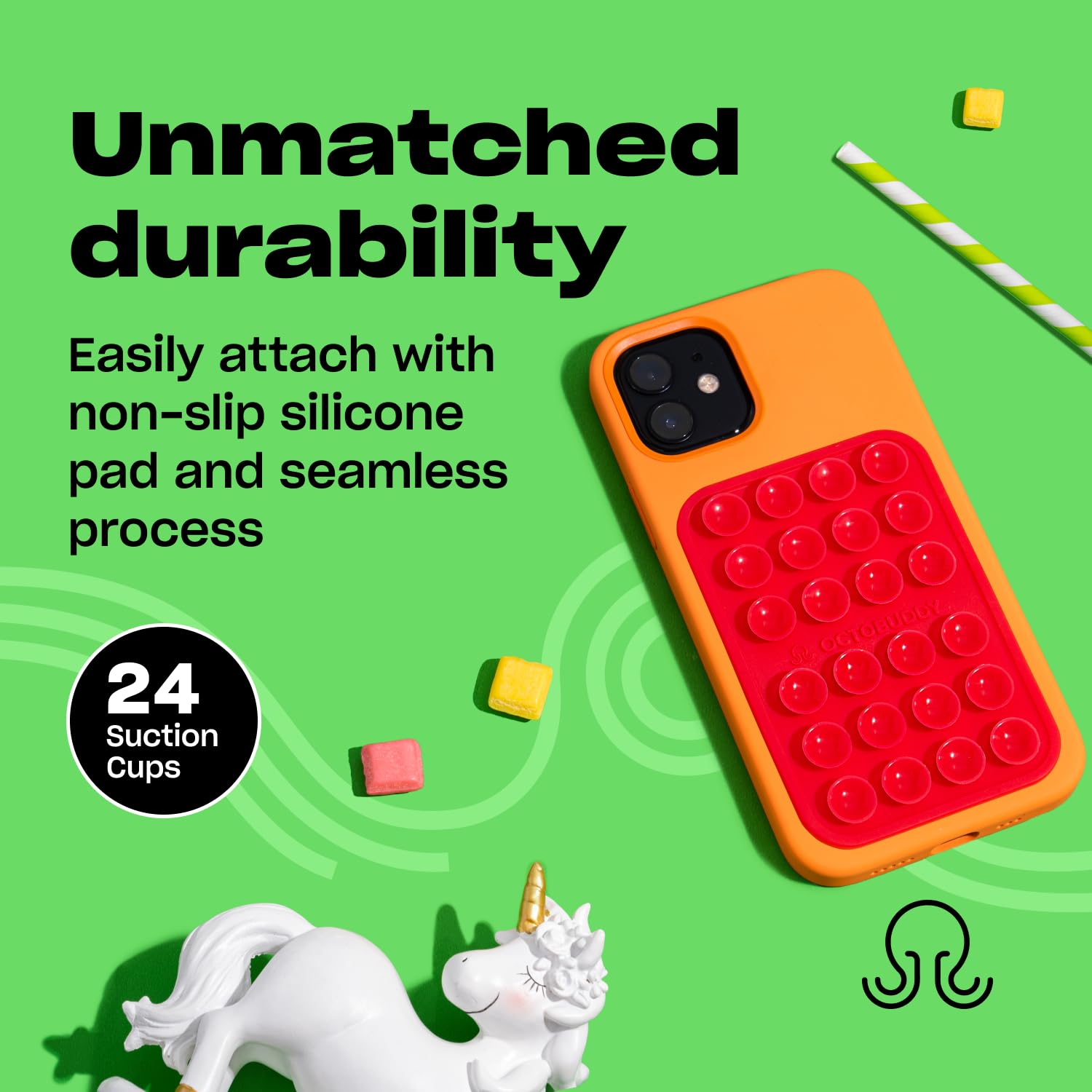OCTOBUDDY Classic MAX - Silicone Suction Phone Case Adhesive Mount - Hands-Free, Strong Grip Holder for Selfies and Videos - iPhone and Android Compatible - 2.6″ x 3.9″, Canary Yellow