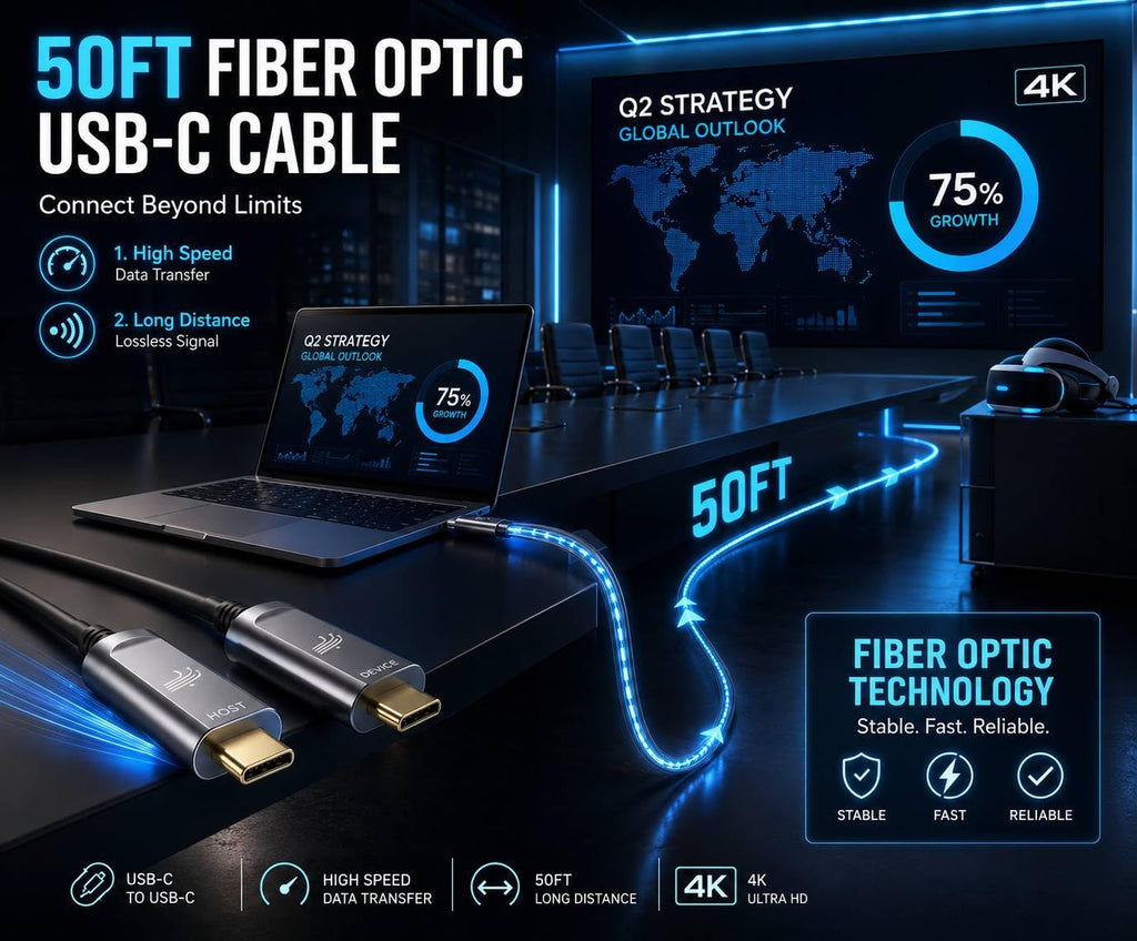 DWLCWY Fiber Optic USB A to USB C Cable 33ft, 10Gbps Active Optical Long-Distance USB-C Extension with SiliconLine Chip, EMI-Free for 4K Video Conferencing Rooms, Industrial Equipment,Data Center