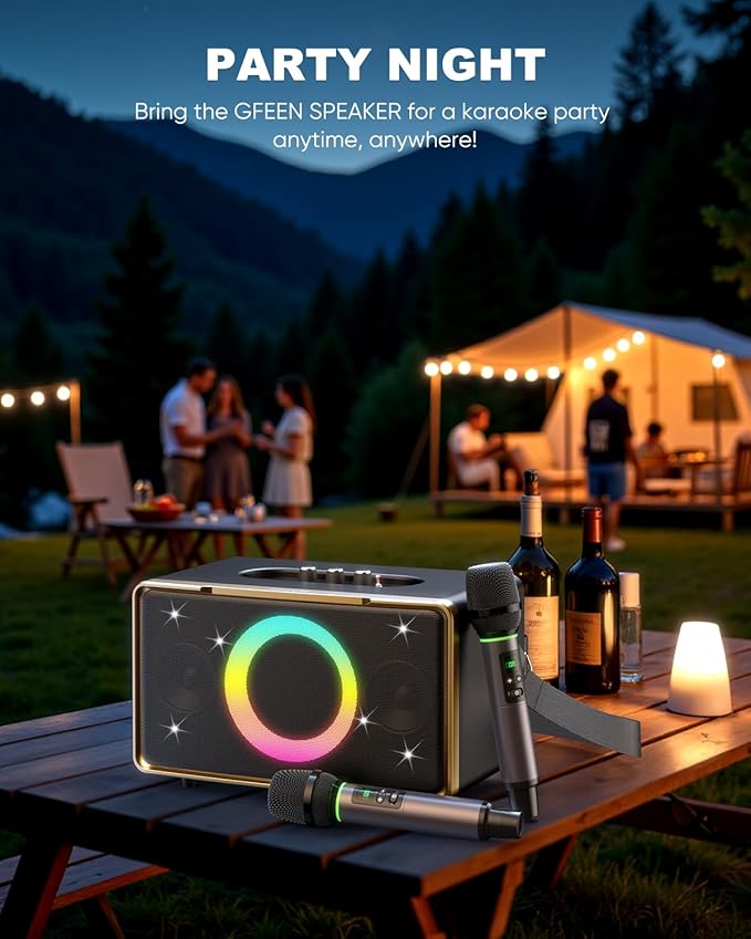 GFEEN Portable Bluetooth Speaker: 100W(160W Peak), 15H Playtime, Wireless Speakers with Microphone, 5″ Subwoofer, Loud Sound, Light Show, Fast Charging for Outdoor, Party, Backyard(Gold with 2Mic)