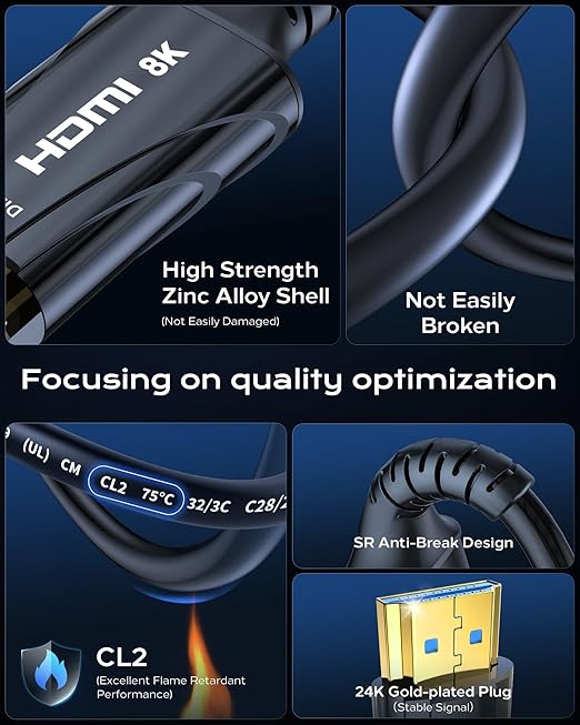 Long 8K Fiber Optic HDMI Cable 150FT - High-Speed HDMI Cord 48Gbps,8K 60Hz，4K 120Hz，HDCP 2.2&2.3，HDR10 - Compatible with HDTV/Monitor/Projector