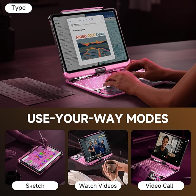 Transparent Case with Keyboard for 2024 iPad Pro 11-inch(M4),with 7-Color Backlit Wireless Keyboard, 360°Rotatable Protective Case Multi-Touch Trackpad,with Pencil Holder,with Shortcuts,Pink