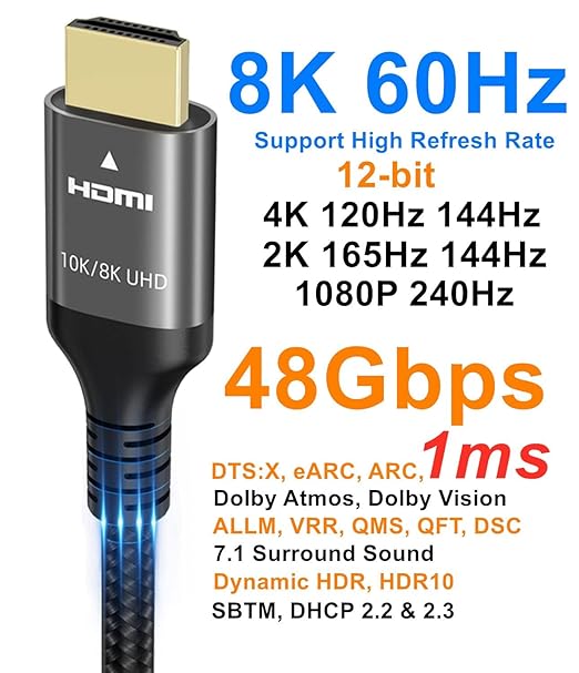 10K 8K 4K HDMI Cable 48Gbps 8 FT, Certified Ultra High Speed HDMI® Cable 4K 240Hz 144Hz 120Hz 8K60Hz 0.01ms HDR10+ eARC HDCP2.3 Netflix Roku TV PC Monitor Projector PS5 X-Box