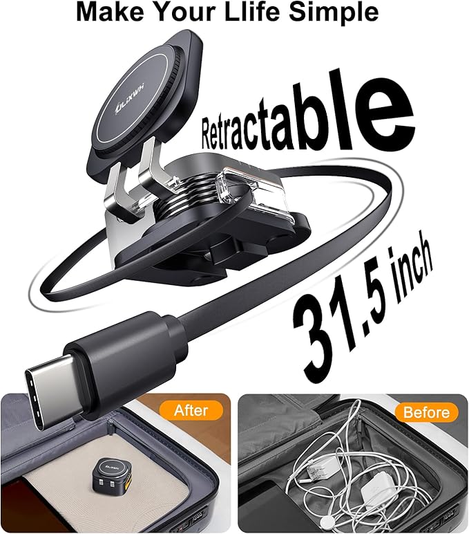Retractable 3 in 1 Charging Station for Apple, 15W Fast for Magsafe Foldable Magnetic Wireless Charging Stand with Retractable Cable, for Travel, for iPhone 16/15/14/13, Apple Watch, AirPods
