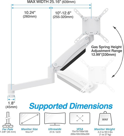 AVLT 57 Inch Heavy Duty Pole Top Mount Monitor Arm Series - White