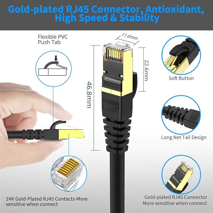 KASIMO CAT 8 Ethernet Cable 5 Feet, 10 Pack Black Shielded SFTP Internet Network Patch Cord, Heavy Duty High Speed LAN Cables w Gold Plated RJ45 Connector Professional for Router, Modem, Gaming
