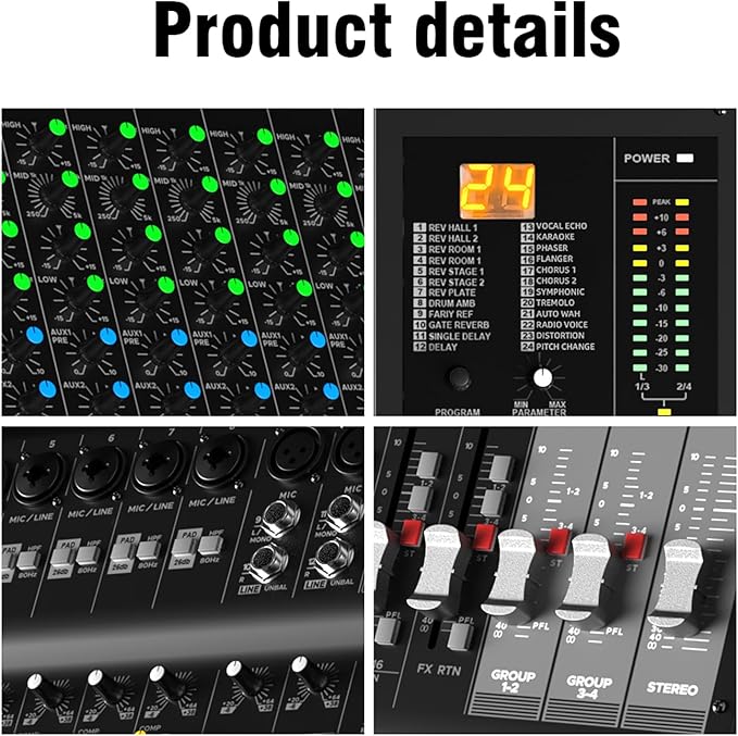 Audio Mixer Bluetooth G-MARK Professional Mixer Usb Interface Sound Board Console System 16 Channel Digital MP3 Computer Input 48V Phantom Power Stereo DJ 24-Bit SPX Effects Mixing Console