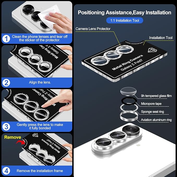 for Samsung Galaxy Z Fold 7 Camera Lens Protector, Individual Metal Ring Tempered Glass Lens Cover, [Strong Adsorption] Scratch Resistant Ultra-Thin HD Clear Lens Cover, 1 Set-Silvery Sparkly