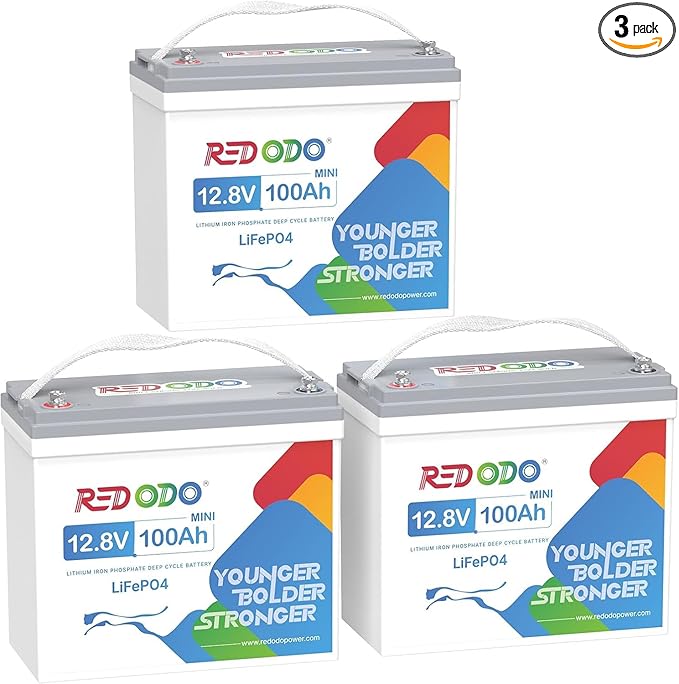 Redodo 3 Pack 12V 100Ah Mini LiFePO4 Lithium Battery, 1280Wh Deep Cycle Battery with Upgraded 100A BMS, 4000-15000 Cycles, Perfect for Solar Home Storage, RV, Trolling Motor