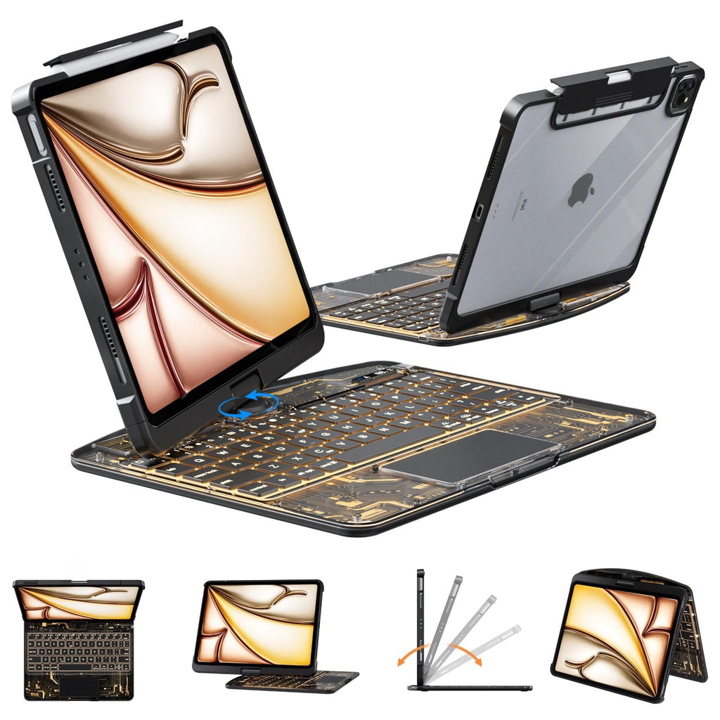 KARTICE Transparent Case with Wireless Keyboard for iPad Pro 11 Inch (M4,2024), 7 Colors Backlight, Multi-Touch Trackpad, 360° Rotating Stand Case with Pencil Holder for iPad Pro 11